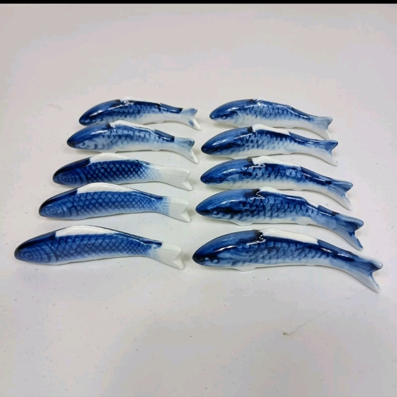 Vintage Chopstick Rests Blue Ceramic Fish Figurines Japan Marked - 10 PCS - Picture 7 of 7